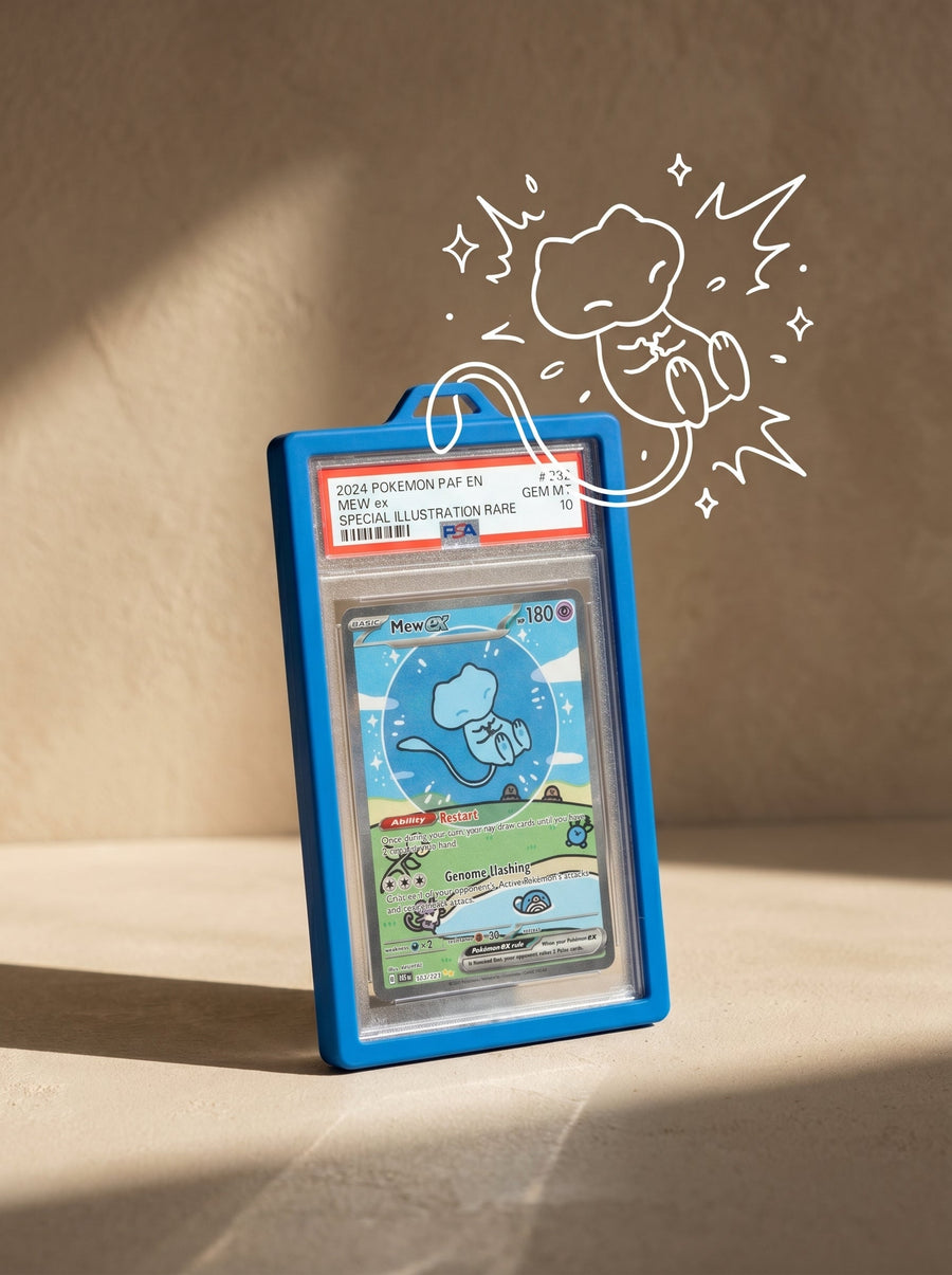 Blue MonoCase on a warm neutral background with a character illustration.