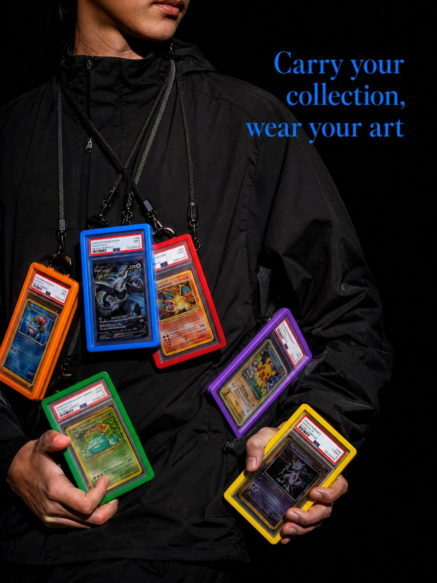 Collector wearing colorful MonoCase cases over a black jacket.